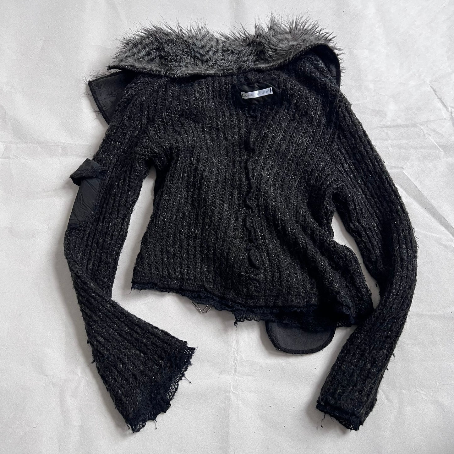 Speckled Black Fur Trim Zone Bleue Knit Long Sleeve Zip Cardigan