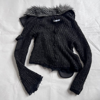 Speckled Black Fur Trim Zone Bleue Knit Long Sleeve Zip Cardigan