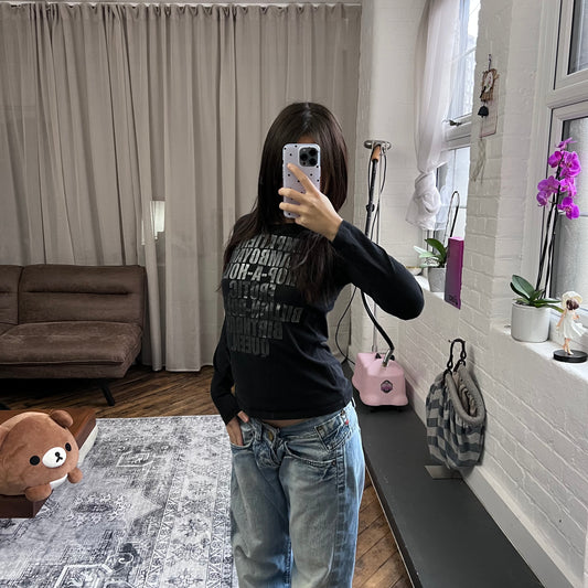 max & co vintage long sleeve dark grey graphite metallic text fitted shirt