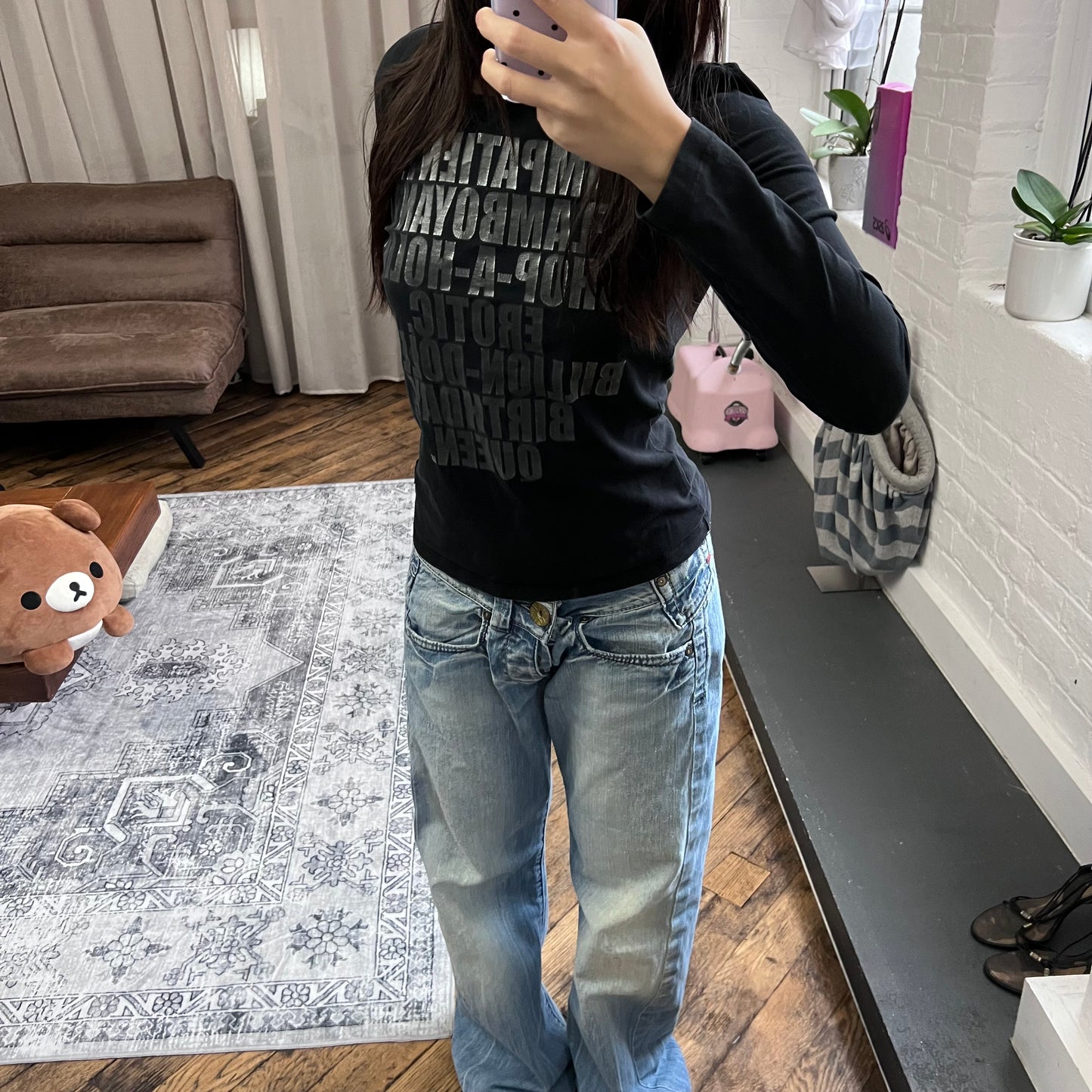 max & co vintage long sleeve dark grey graphite metallic text fitted shirt