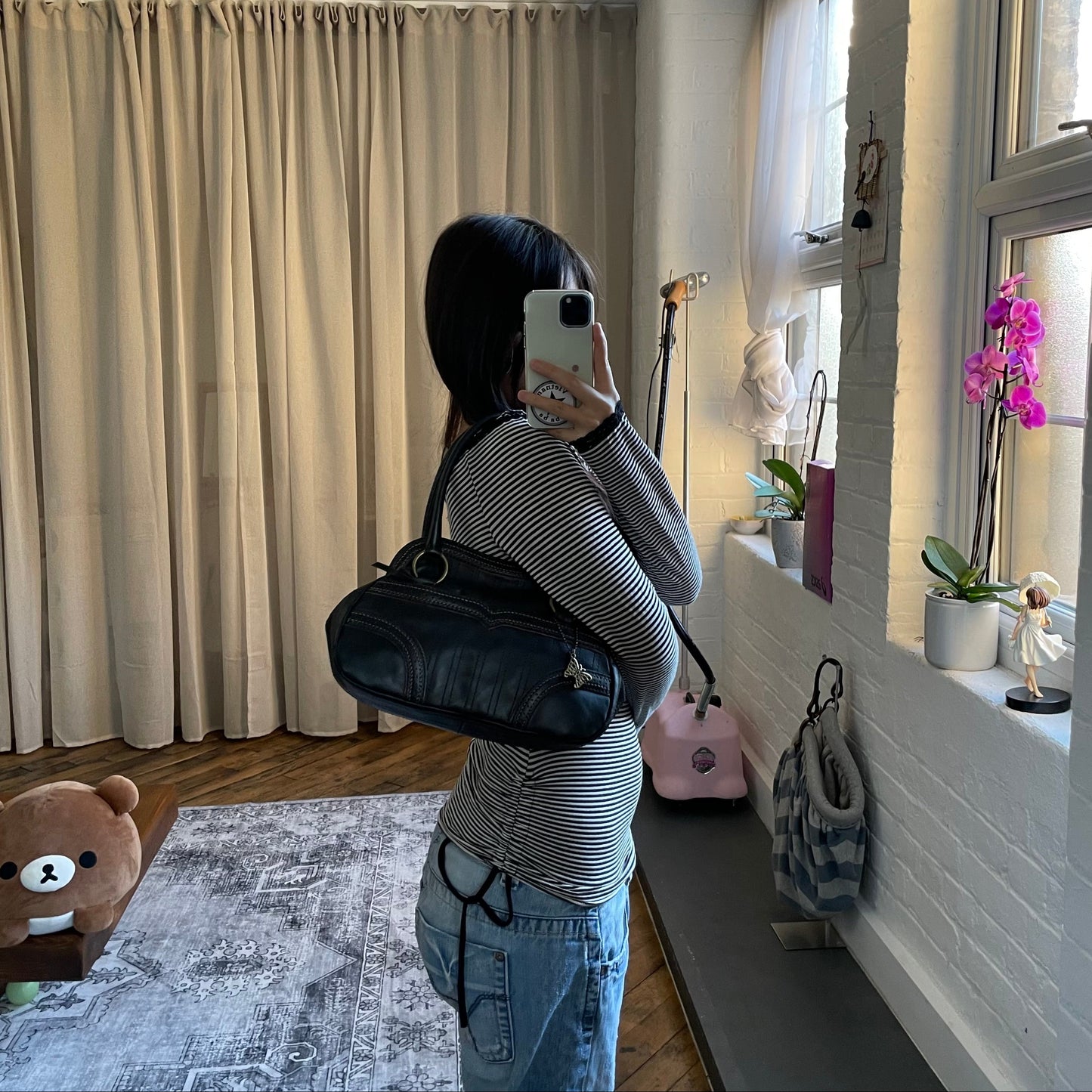 balletcore black leather anna sui panelled curved shoulder bag