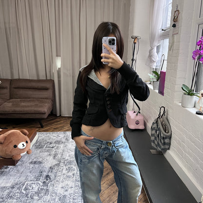 cop copine grey hoodie wool blend layered crop jacket