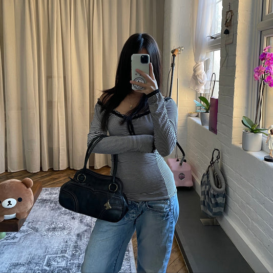 balletcore black leather anna sui panelled curved shoulder bag