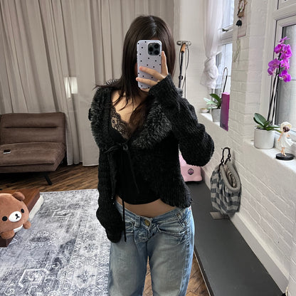 dark grey speckled alex-e paris long sleeve knit fur collar rosette cardigan bolero