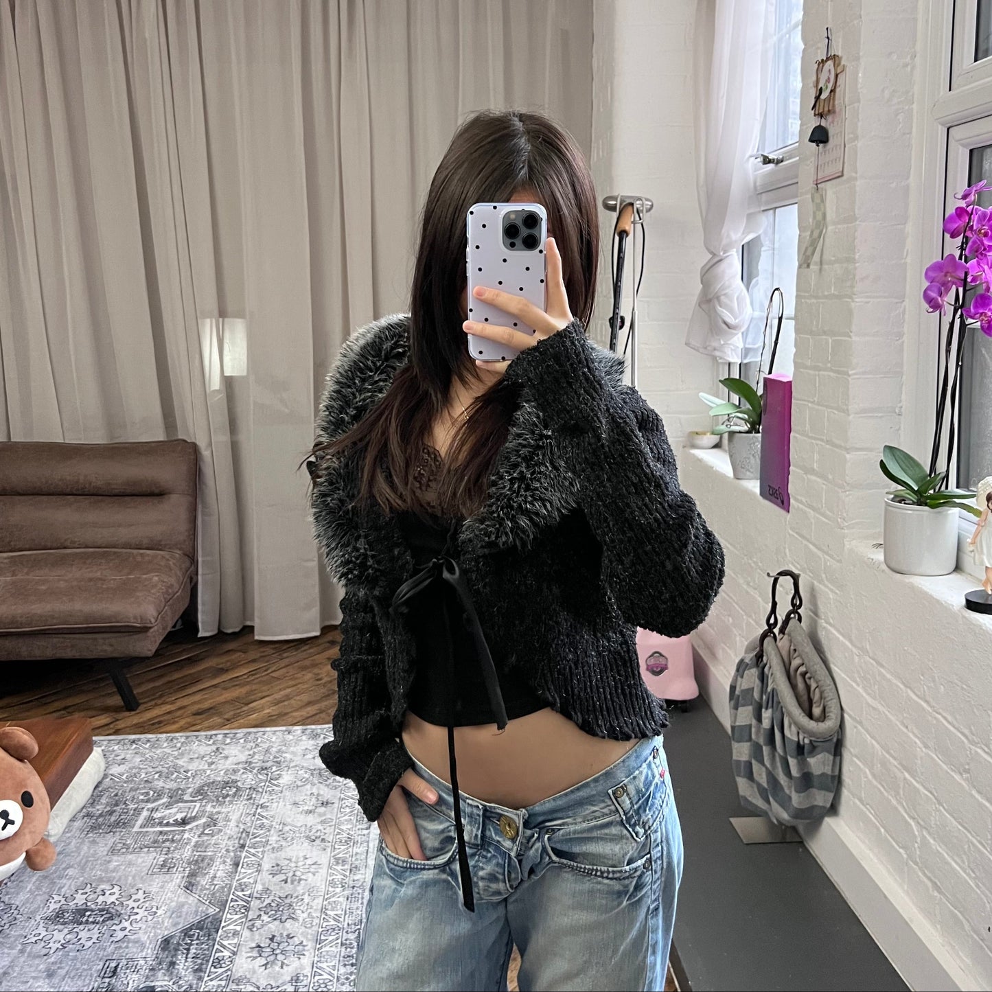 dark grey speckled alex-e paris long sleeve knit fur collar rosette cardigan bolero