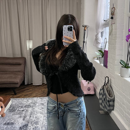 dark grey speckled alex-e paris long sleeve knit fur collar rosette cardigan bolero