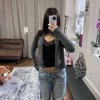 bonobo jeans dark grey collared crop round button open bolero cardigan knit jacket