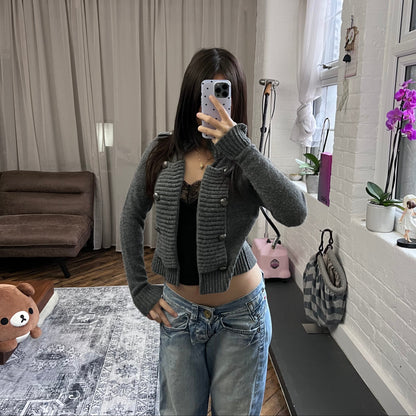 bonobo jeans dark grey collared crop round button open bolero cardigan knit jacket