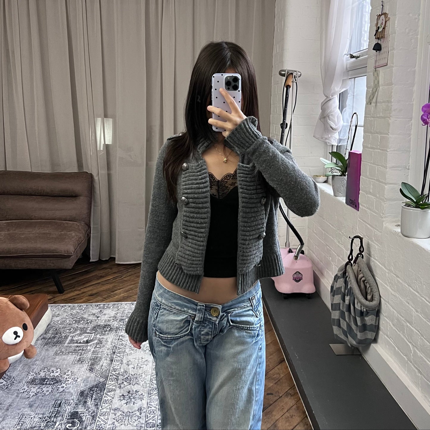 bonobo jeans dark grey collared crop round button open bolero cardigan knit jacket