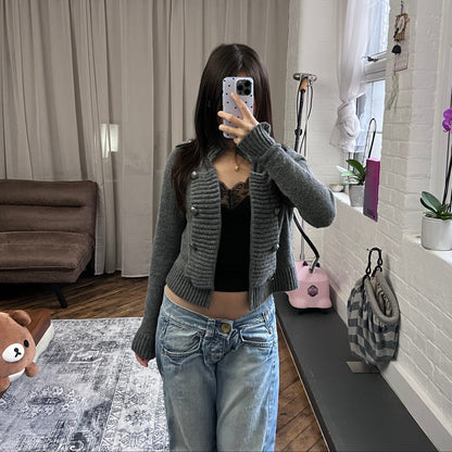 bonobo jeans dark grey collared crop round button open bolero cardigan knit jacket