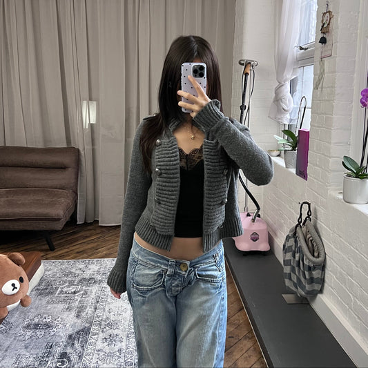 bonobo jeans dark grey collared crop round button open bolero cardigan knit jacket