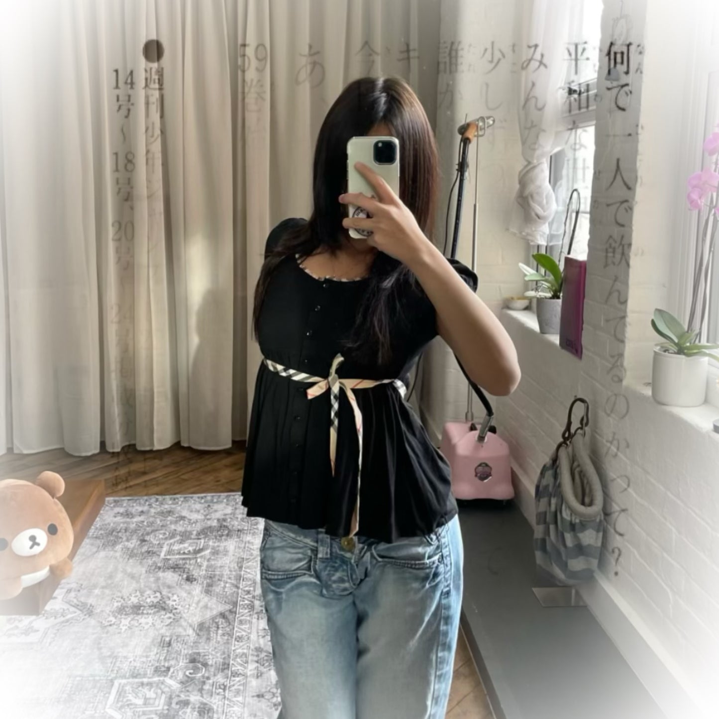 burberry blue label preppy balletcore black puff sleeve babydoll blouson top