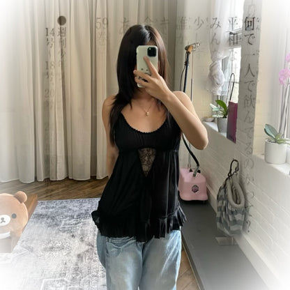 kookai balletcore dreamy black embroidery lace frill hem camisole