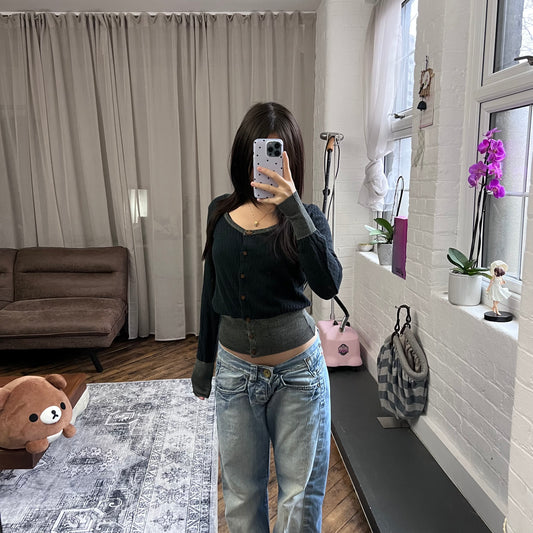 vivienne westwood red label navy grey lacey pointelle contrast long sleeve cinched waist cardigan