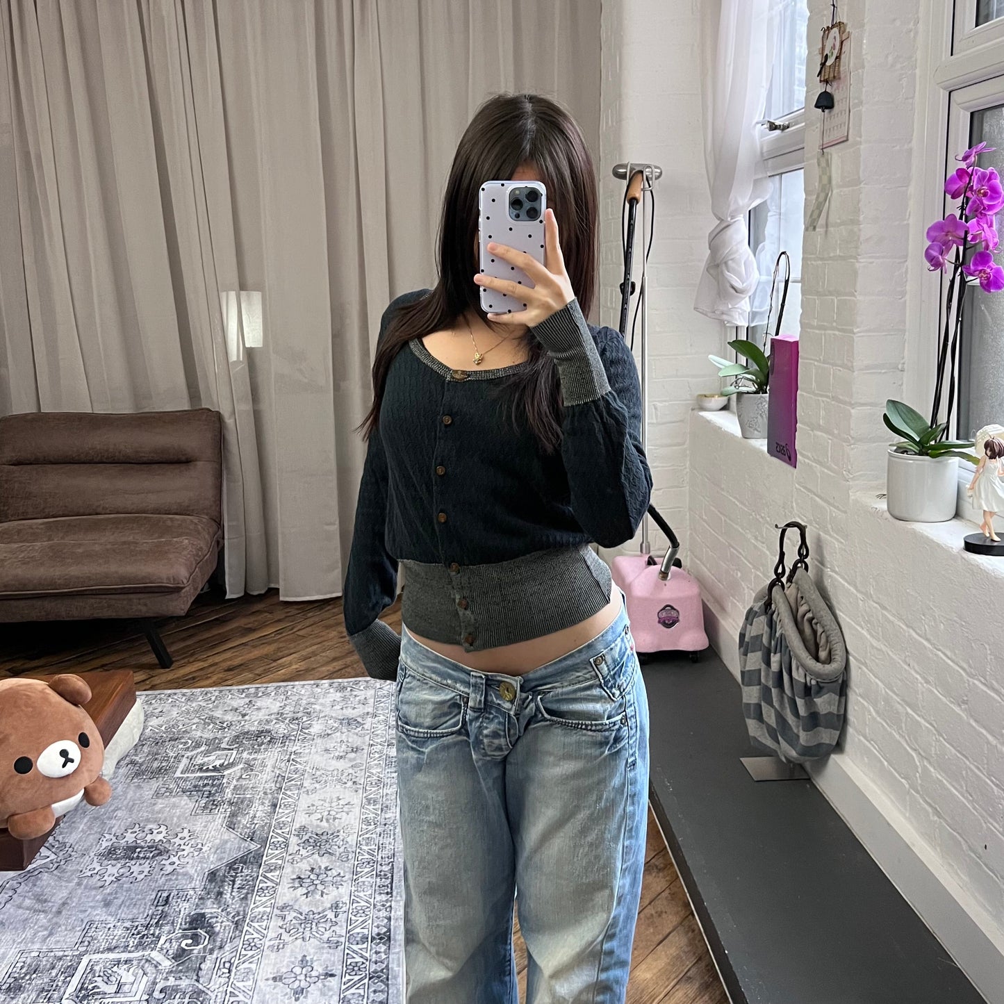 vivienne westwood red label navy grey lacey pointelle contrast long sleeve cinched waist cardigan