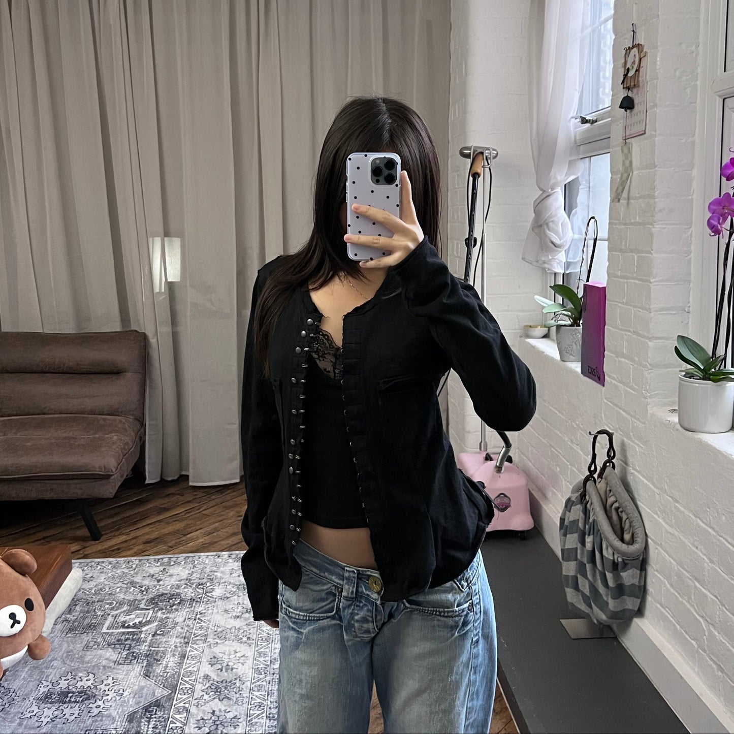 marithe francois girbaud corpcore black hook and eye silver button long sleeve jacket