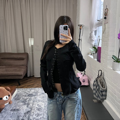 marithe francois girbaud corpcore black hook and eye silver button long sleeve jacket