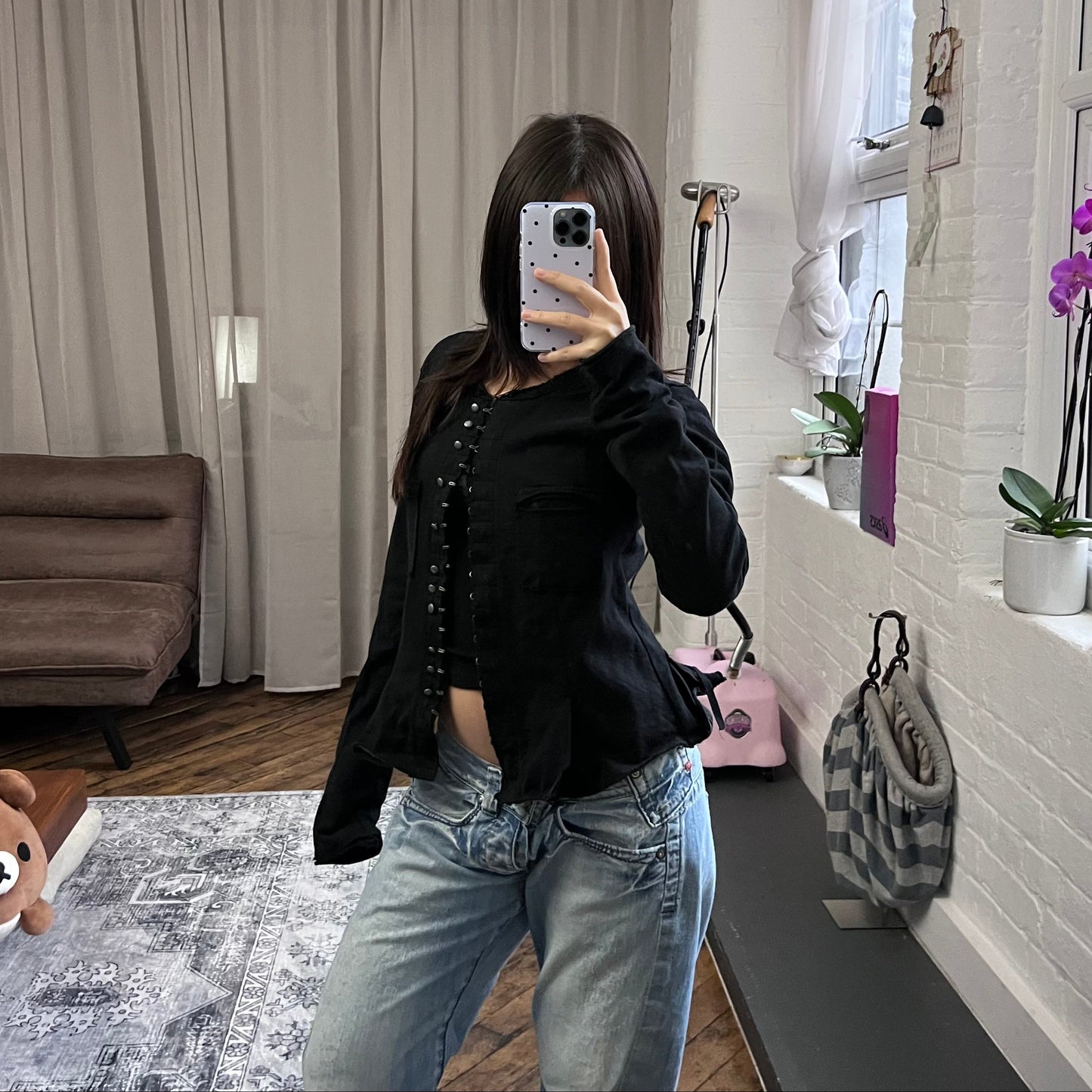 marithe francois girbaud corpcore black hook and eye silver button long sleeve jacket