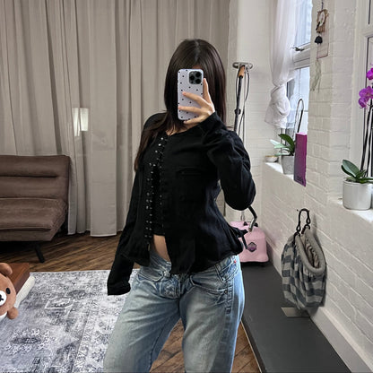 marithe francois girbaud corpcore black hook and eye silver button long sleeve jacket