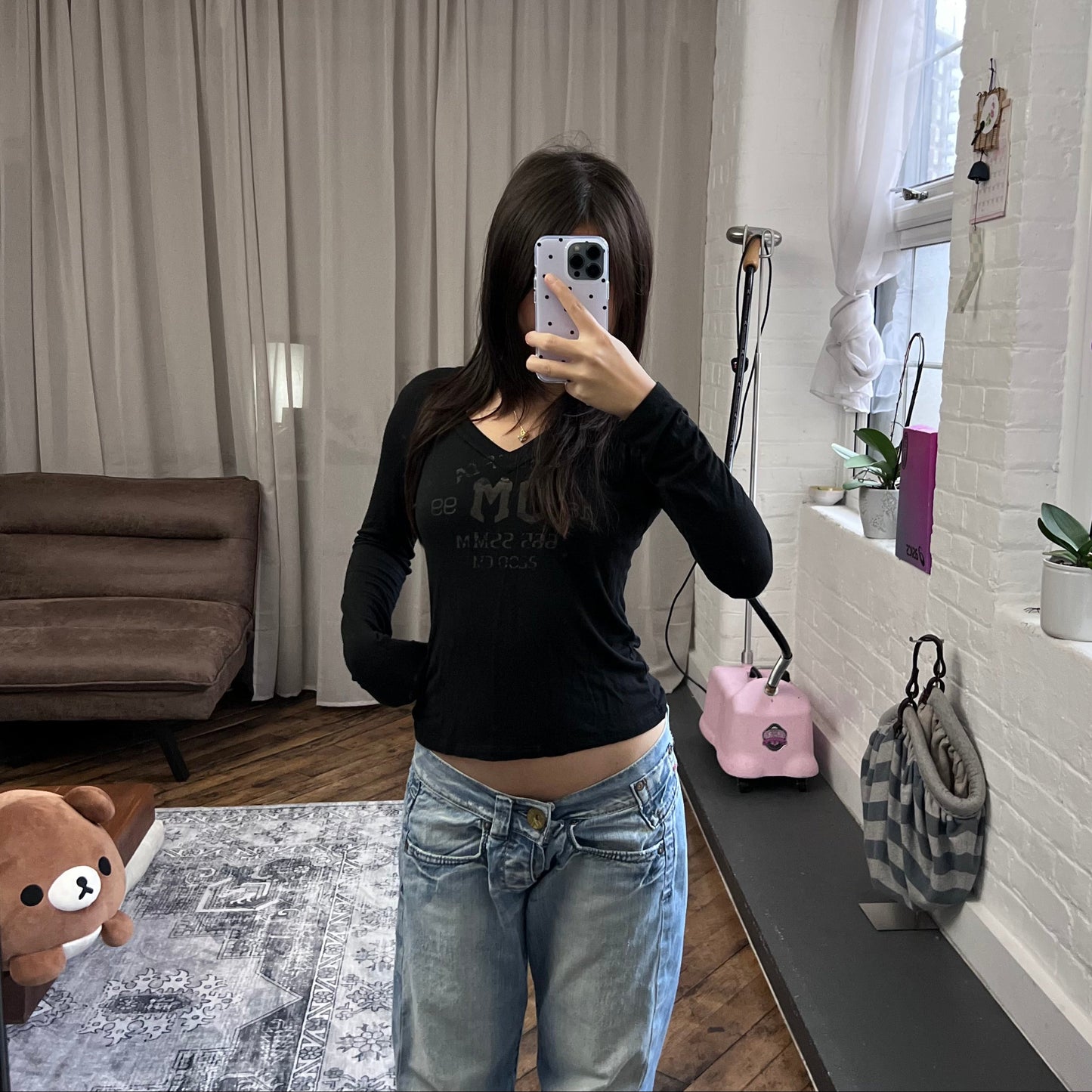 vintage faded black long sleeve v neck beige graphic shirt