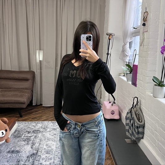 vintage faded black long sleeve v neck beige graphic shirt