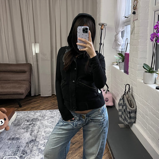 black g-star raw utility button down zip pocket hooded vest top