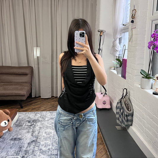 cwk black white striped draped two in one vest blouson top