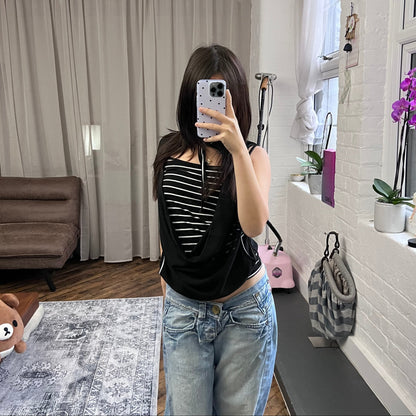 cwk black white striped draped two in one vest blouson top