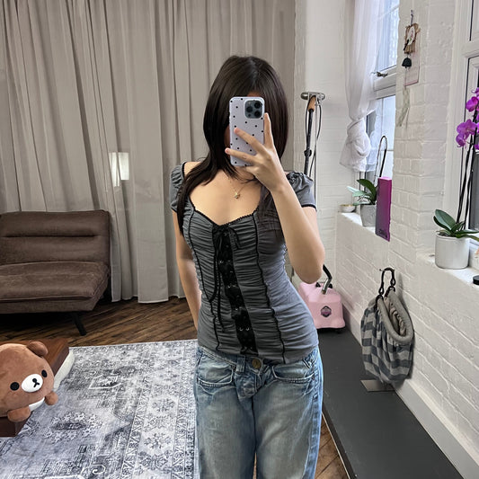 vintage guess dusty purple ruched black trim lace up corset fitted blouse top