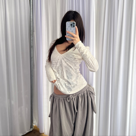 Mexx White V Neck Grey Vintage Text Graphic Top