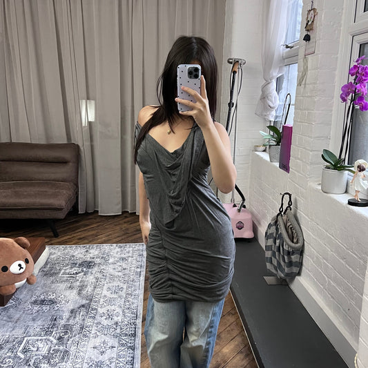 grey koul liquid slouchy draped sleeveless bodycon mini dress