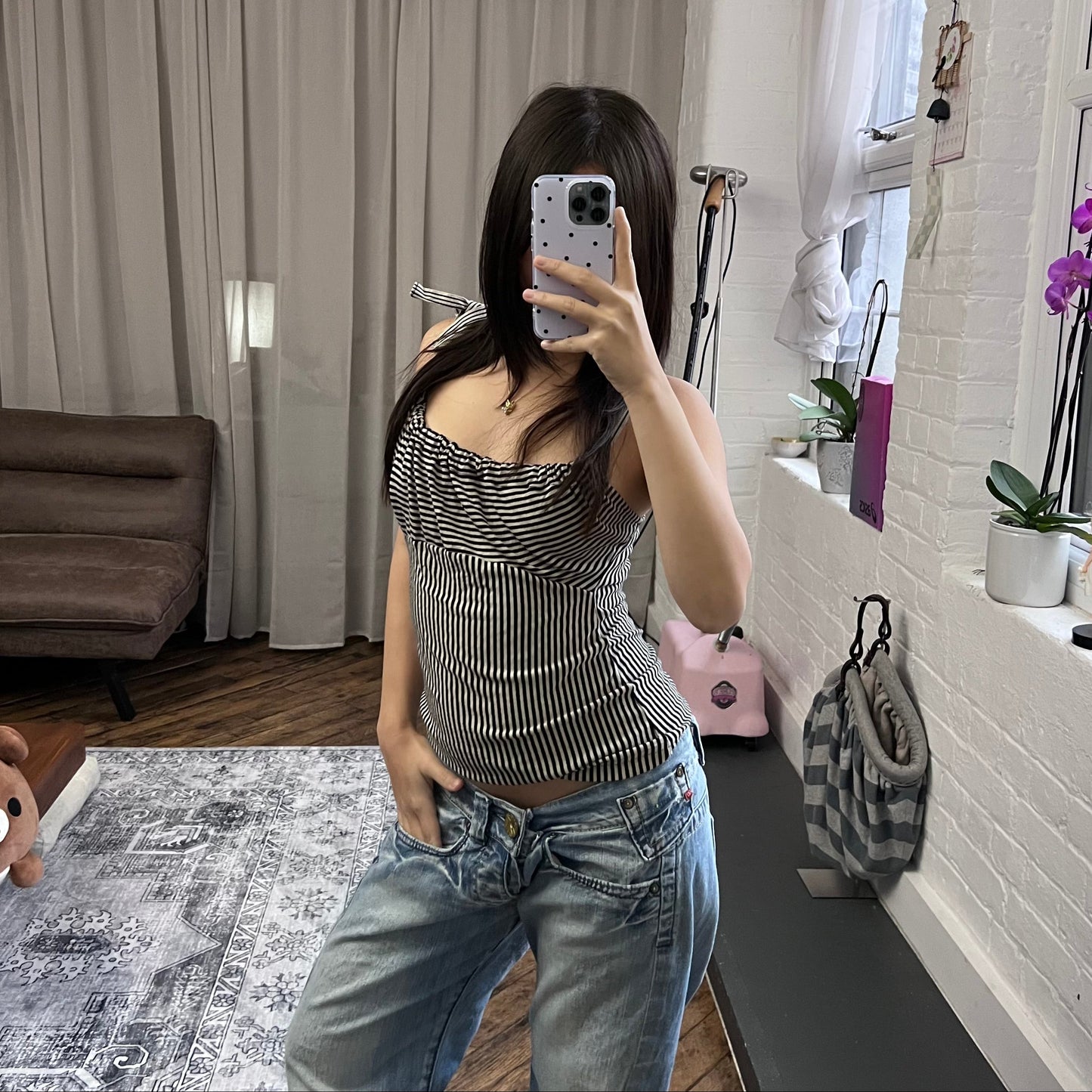 sinequanone black beige striped ruched neck camisole