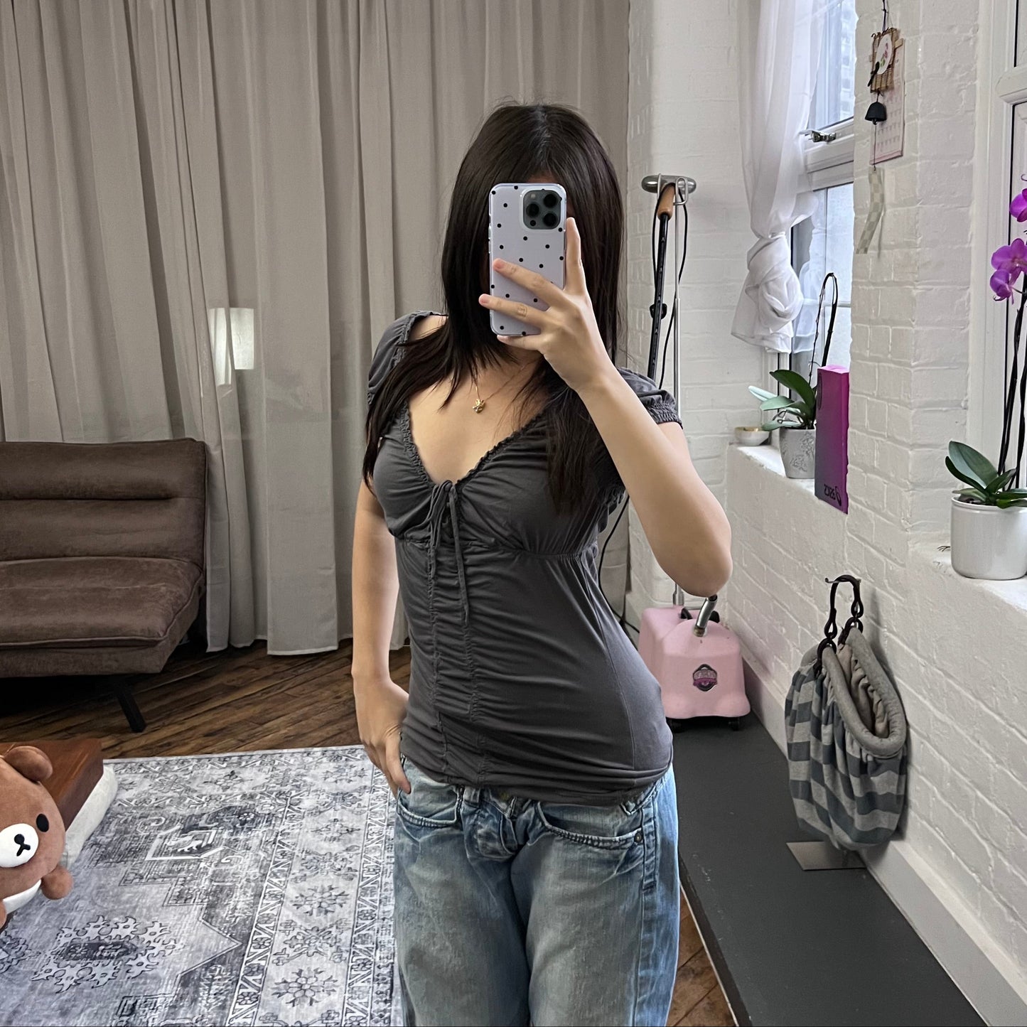 miss sixty grey purple puff sleeve ruched lace up bust fitted blouse shirt