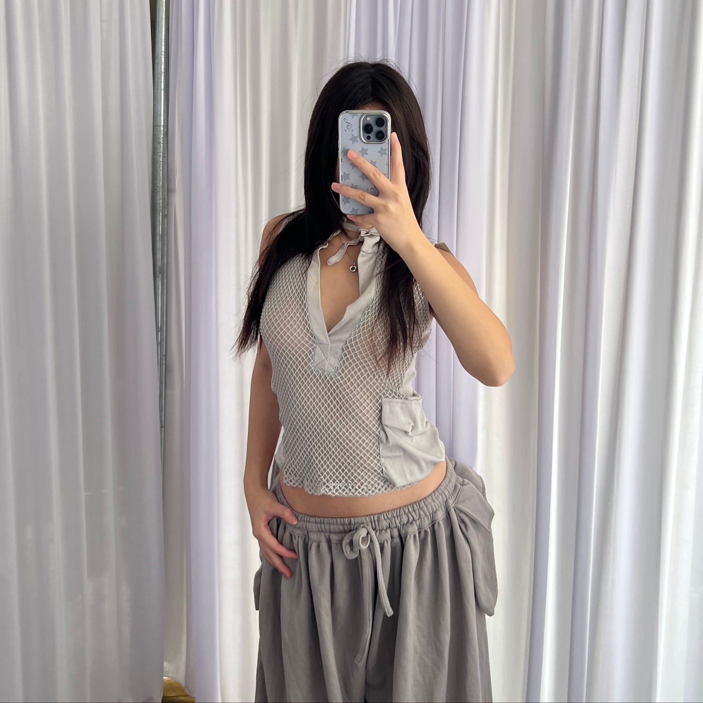 Annarita N Fishnet Layered Utility High Neck Tie V Neck Vest Top