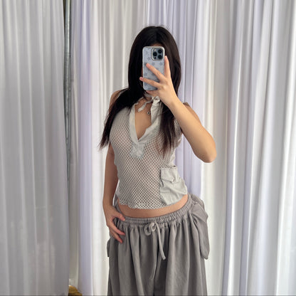 Annarita N Fishnet Layered Utility High Neck Tie V Neck Vest Top