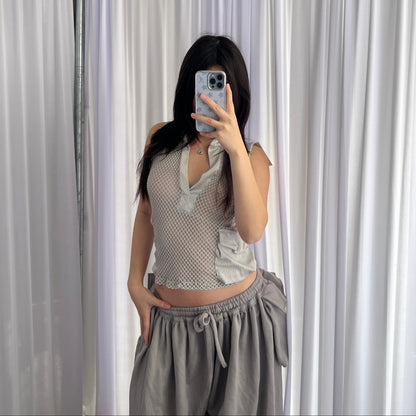 Annarita N Fishnet Layered Utility High Neck Tie V Neck Vest Top