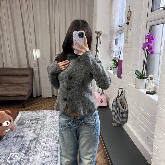 kosmika grey wool blend knit collared cropped long sleeve pea coat