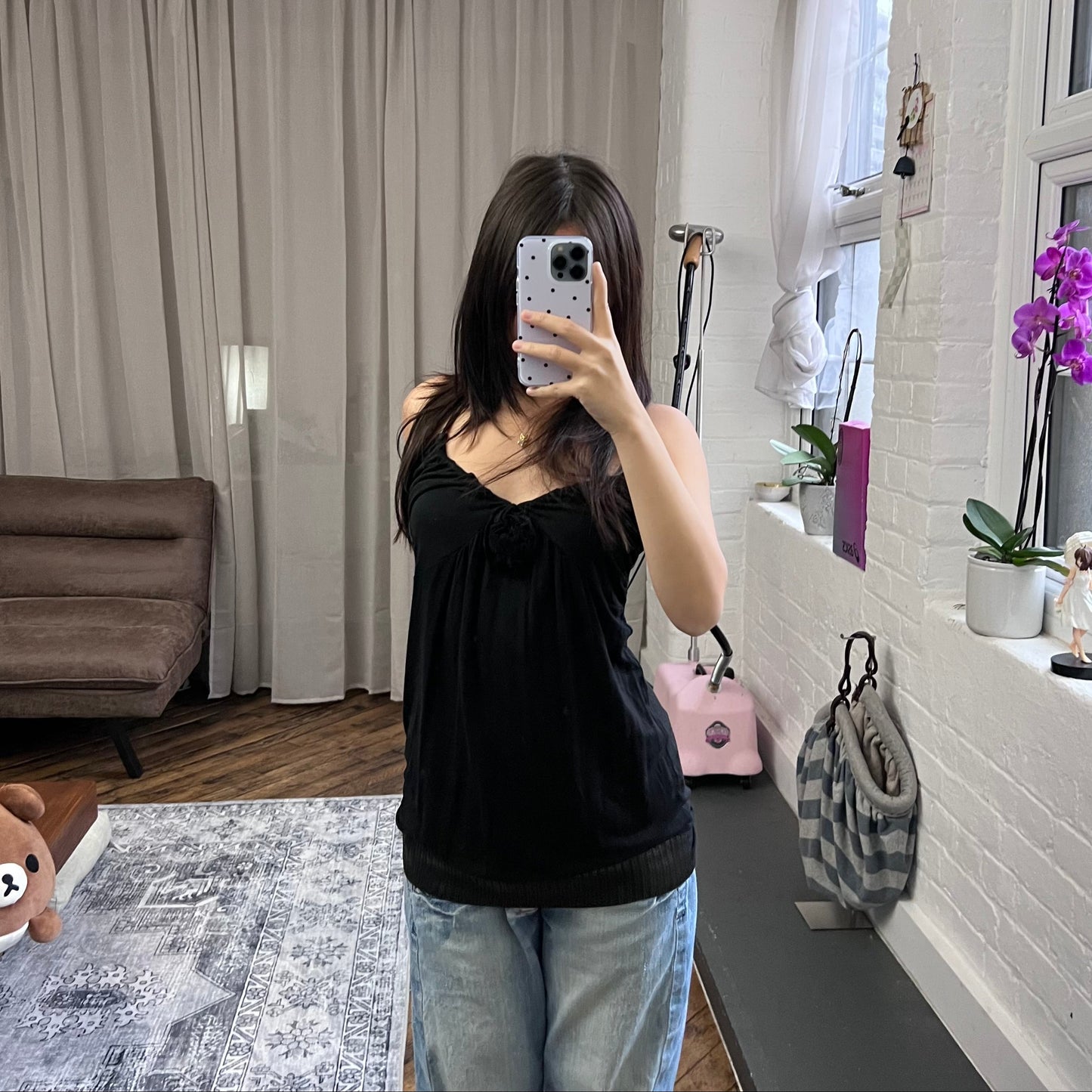 las chicas black drop waist sequin hem halter neck rosette bust long tunic cami