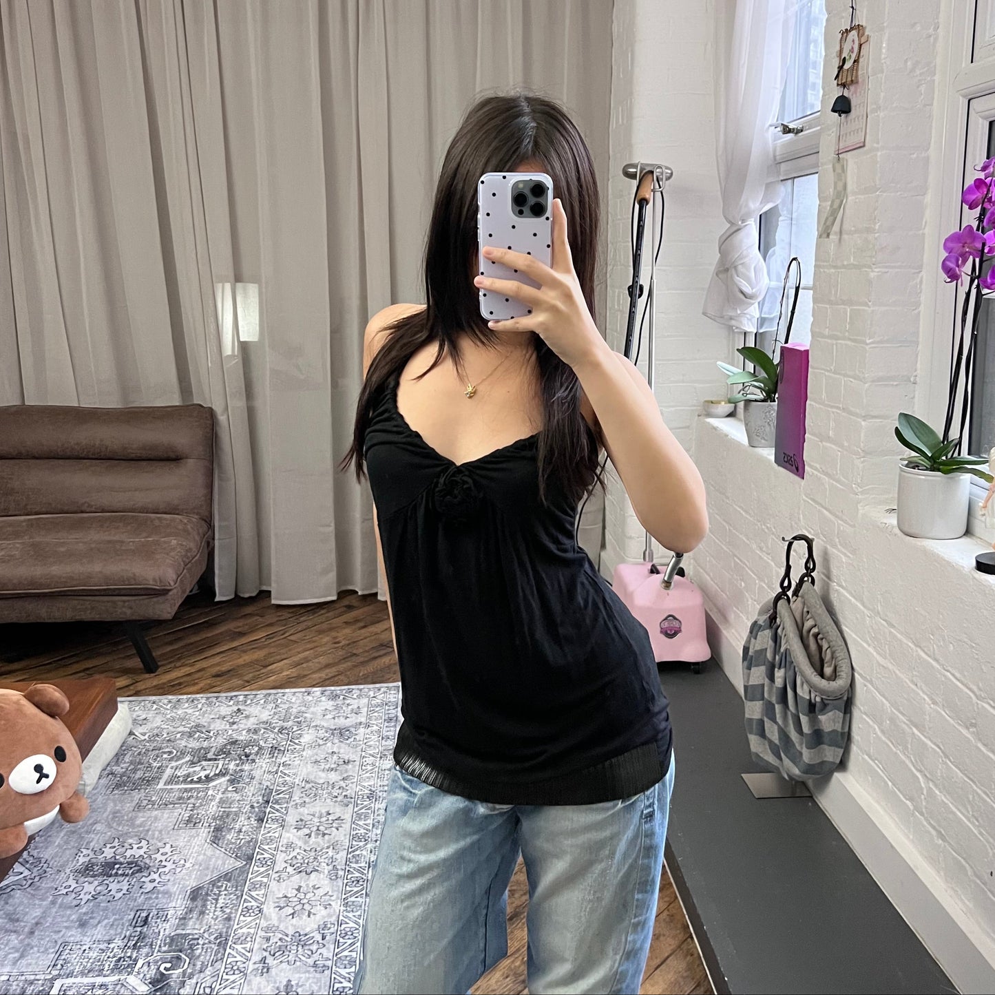 las chicas black drop waist sequin hem halter neck rosette bust long tunic cami