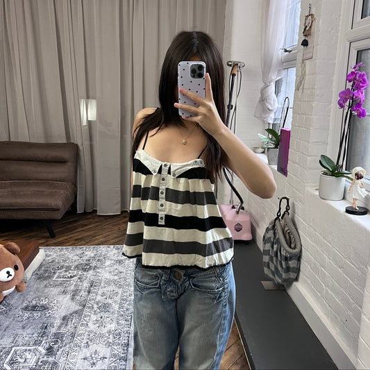 one step utility sailor black white collared button accent striped camisole