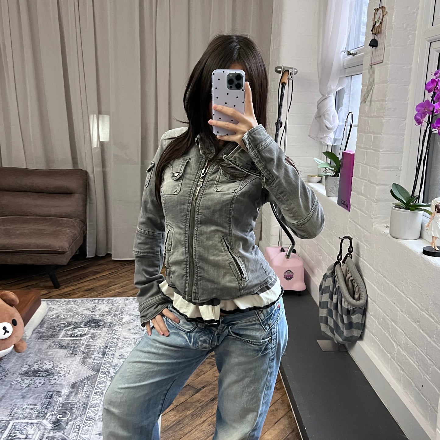 vintage bsk grey utility faded grey pocket long sleeve high neck zip jacket