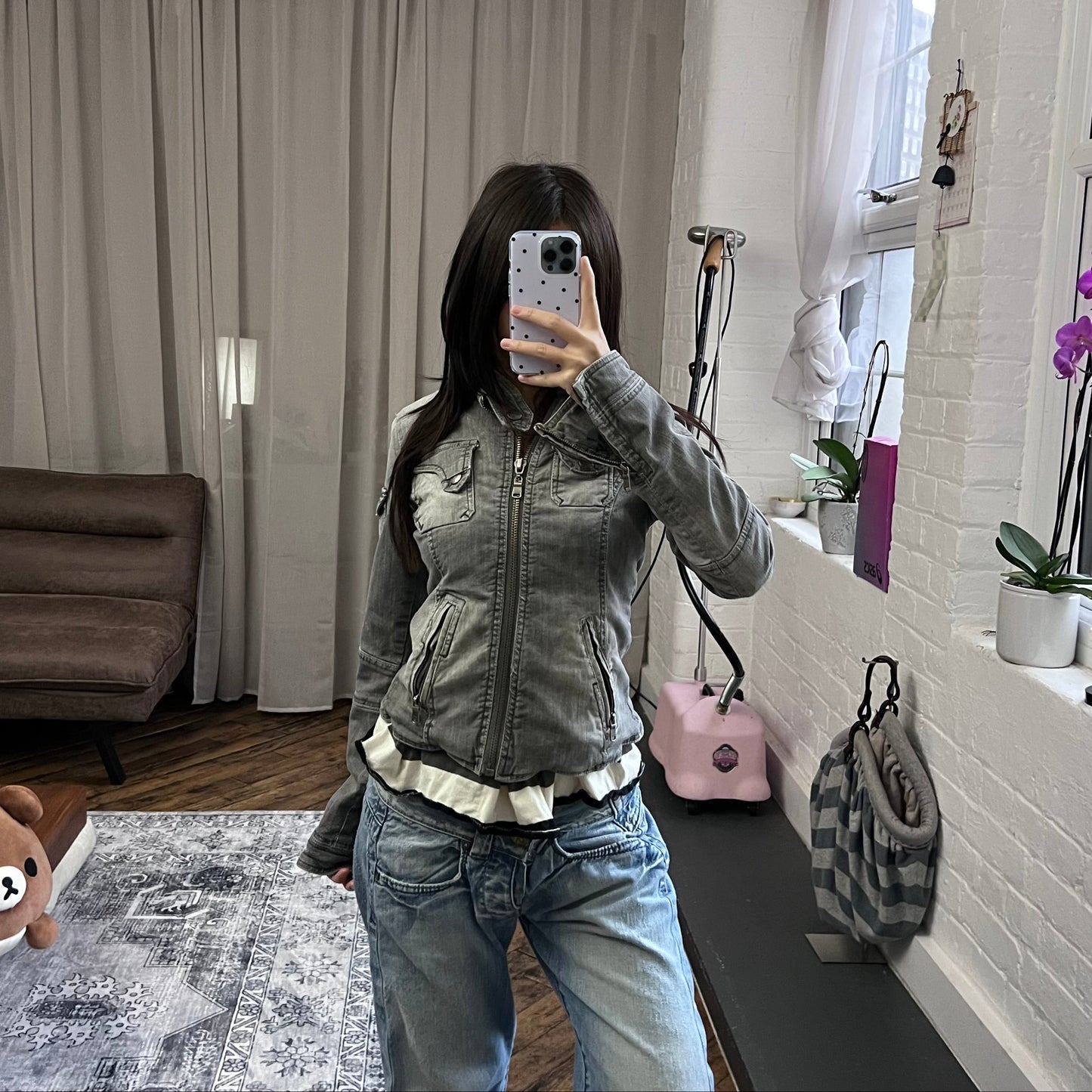 vintage bsk grey utility faded grey pocket long sleeve high neck zip jacket