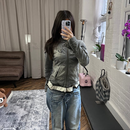 vintage bsk grey utility faded grey pocket long sleeve high neck zip jacket