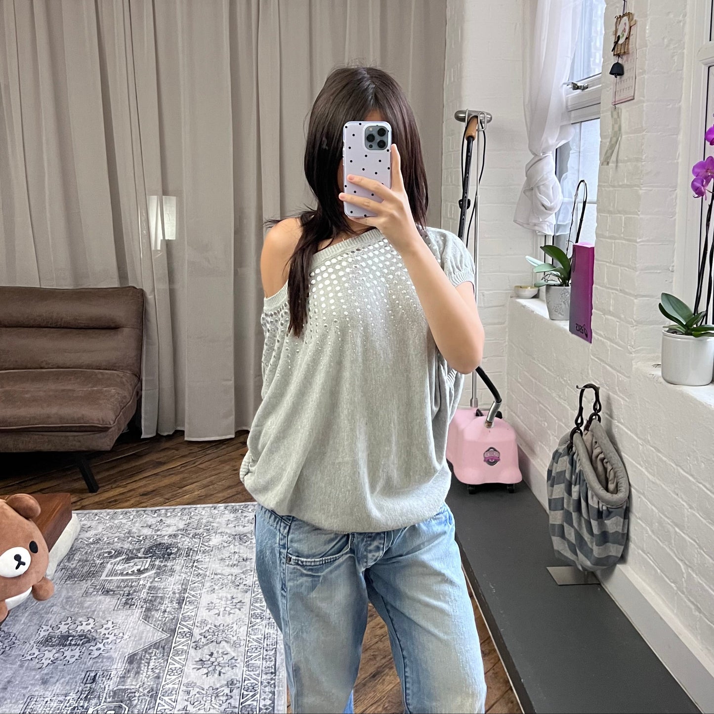 blanco grey silver studded oversized batwing jersey tunic sweater