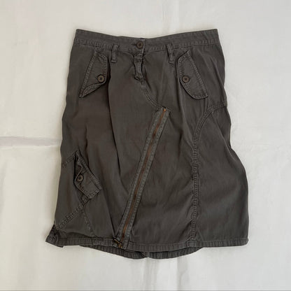 Ab/Soul Khaki Brown Asymmetric Zip Puff Hem Utility Midi Skirt