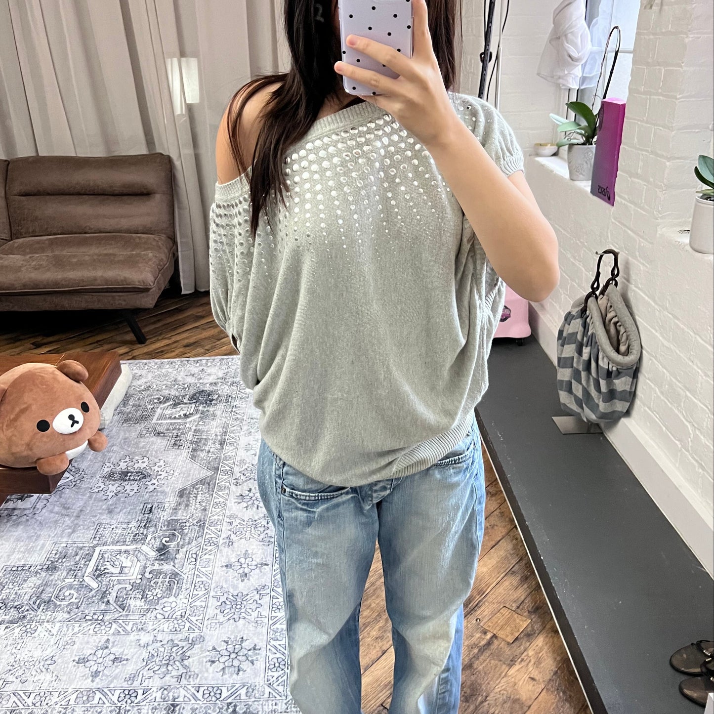 blanco grey silver studded oversized batwing jersey tunic sweater