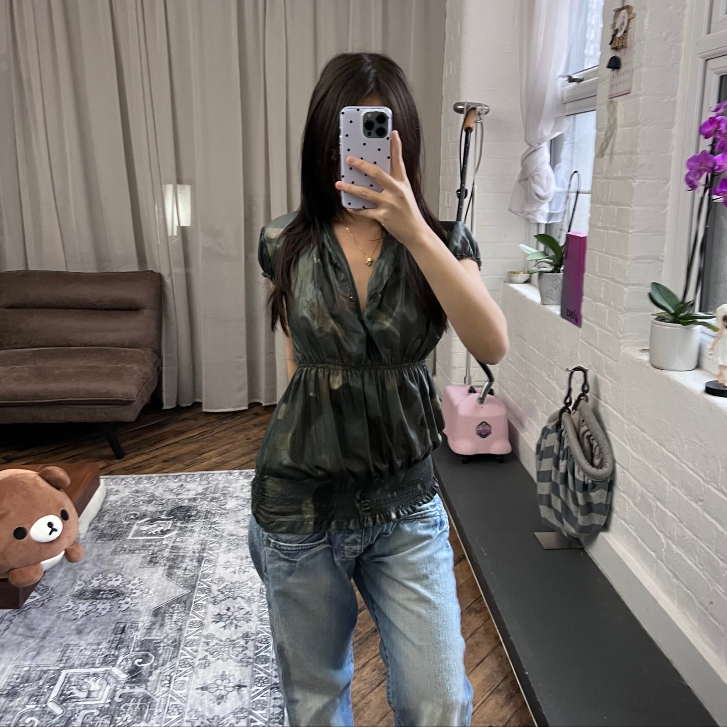 amy gee khaki brown camo chiffon puff sleeve high collared ruched blouson