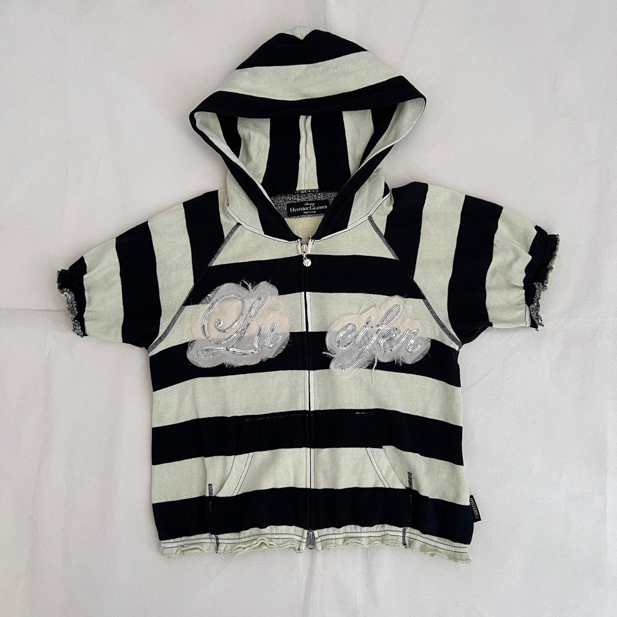 Hysteric Glamour Black Cream Striped Lucifer Ivory Pink Sequin Zip Short Sleeve Hoodie