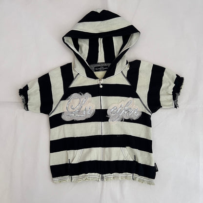 Hysteric Glamour Black Cream Striped Lucifer Ivory Pink Sequin Zip Short Sleeve Hoodie