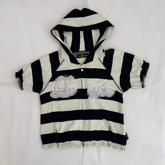 Hysteric Glamour Black Cream Striped Lucifer Ivory Pink Sequin Zip Short Sleeve Hoodie